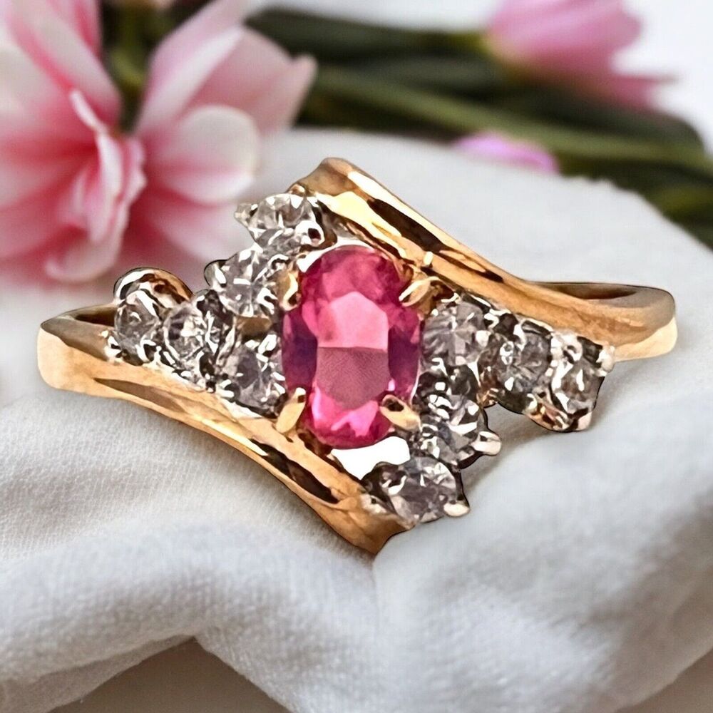 Vintage 1970s Ring Size 8 Pink Crystal CZ Cluster 14KT Gold Plated - 14L
